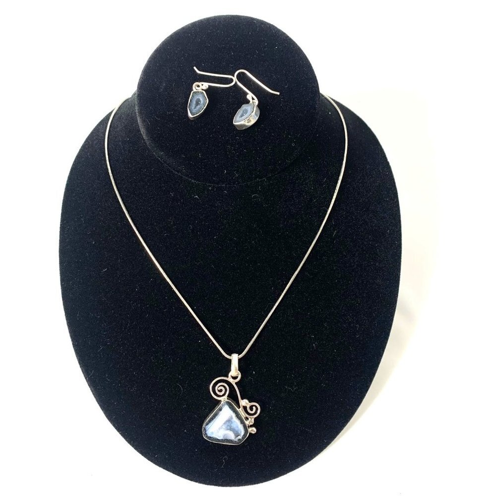 Geode Natural Stone Jewelry Set with Necklace & Earrings 925 Silver